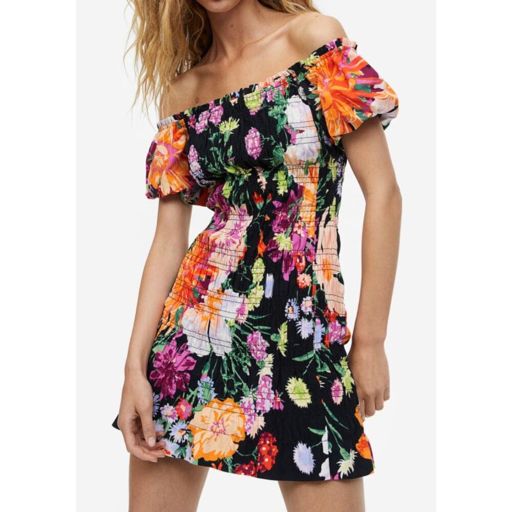 H&M Black Floral Fitted Smocked Mini Off Shoulder Dress